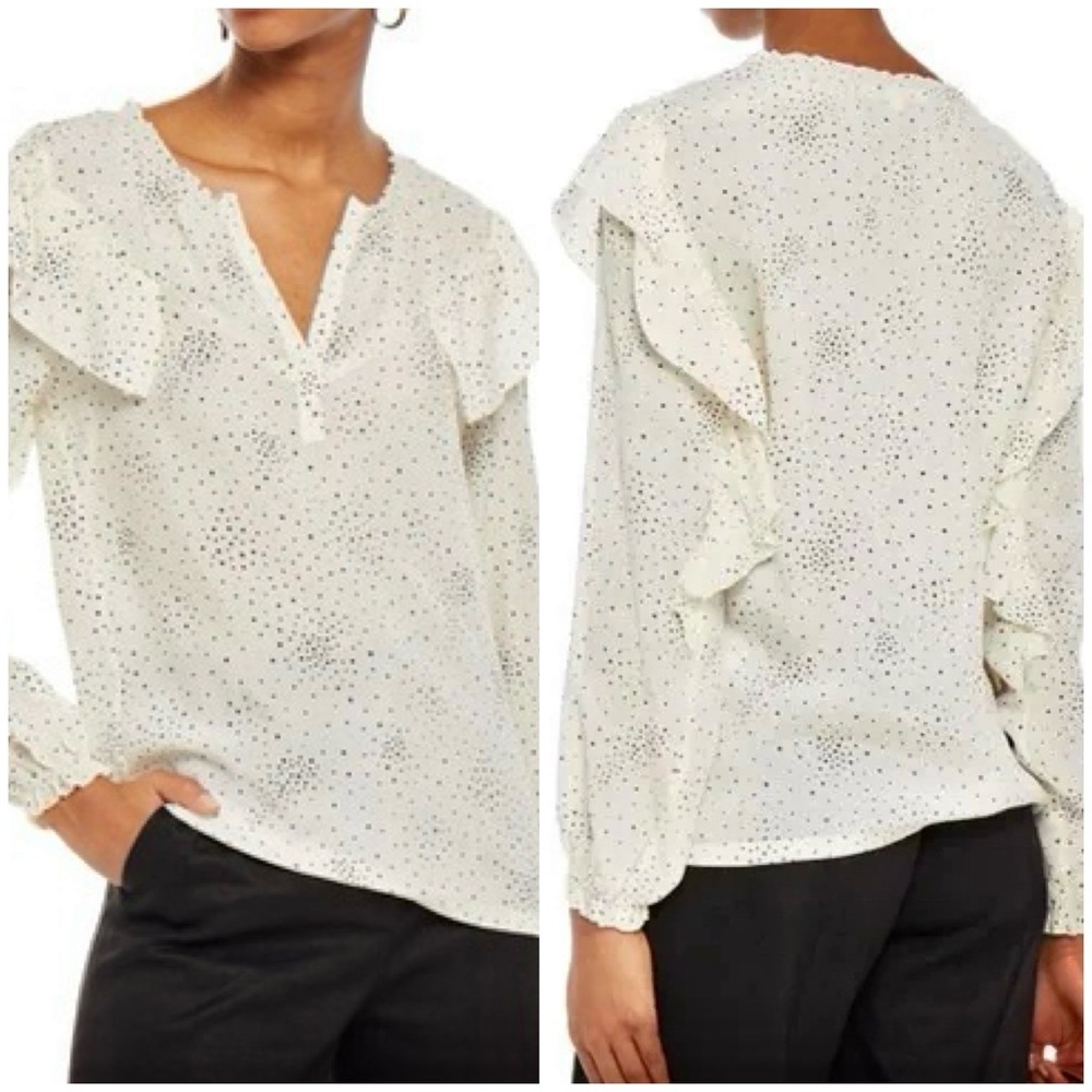 MAJE Star Print Ivory & Black Ruffled Long Sleeve Lacky Blouse Top 1/Small